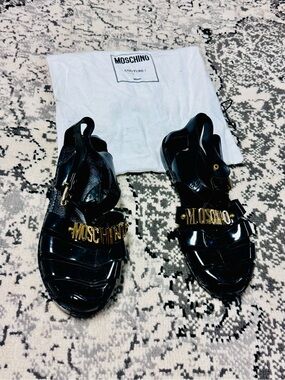 Moschino Black Jelly Logo Strap Sandals with Gold Hardware